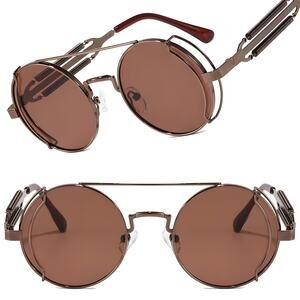 Coiled Spring Temple Bold Edge Brown Lens Mens Womens Brown Round Sunglasses